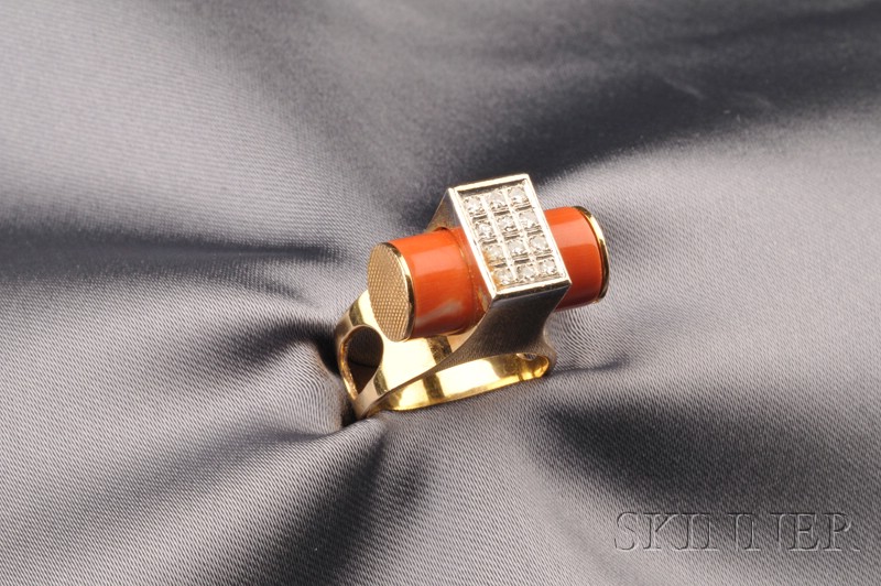 Appraisal: kt Gold Coral and Diamond Ring c s set with