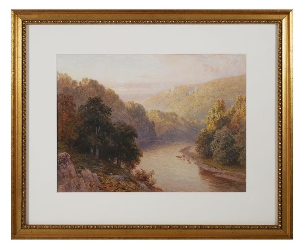 Appraisal: Watercolor landscape w animals in river by Harold Sutton Palmer