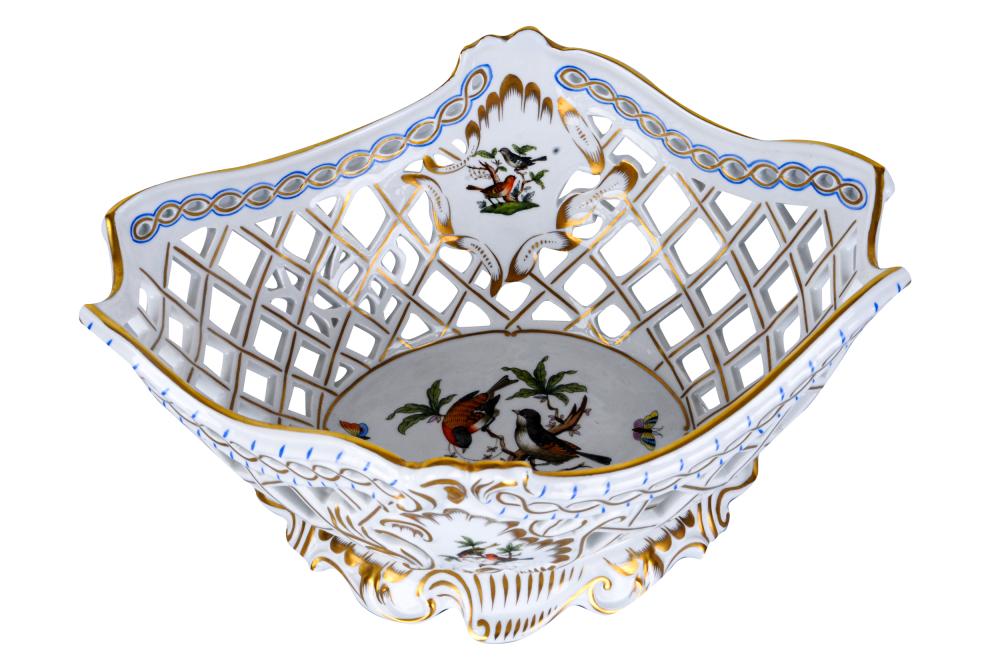 Appraisal: HEREND PORCELAIN RETICULATED OVAL BASKETRothschild Bird pattern printed and painted