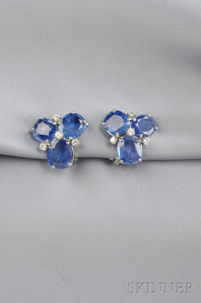 Appraisal: kt White Gold Sapphire and Diamond Earclips Seaman Schepps set