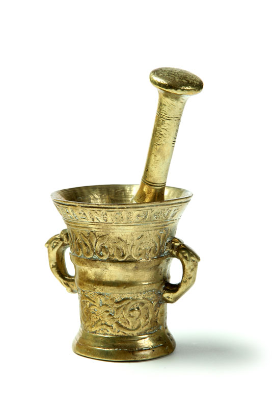 Appraisal: MORTAR AND PESTLE American or European th century Brass with