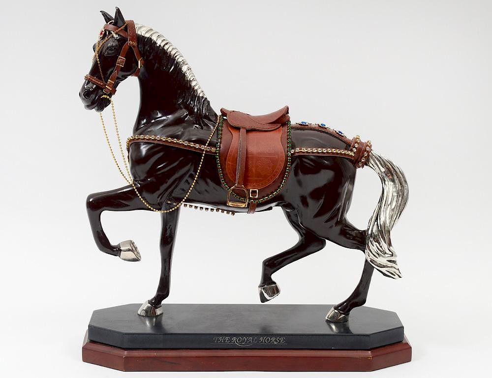 Appraisal: JEWELED AND SADDLED METAL HORSE Titled The Royal Horse No