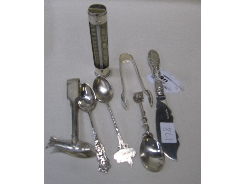 Appraisal: Lot comprising silver mounted thermometer silver butter knife silver spoons