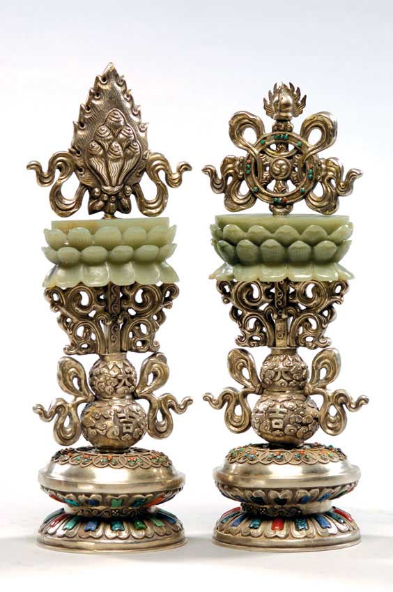 Appraisal: PAIR SINO-TIBETAN ALTAR PIECES Pair Sino-Tibetan silver altar pieces each