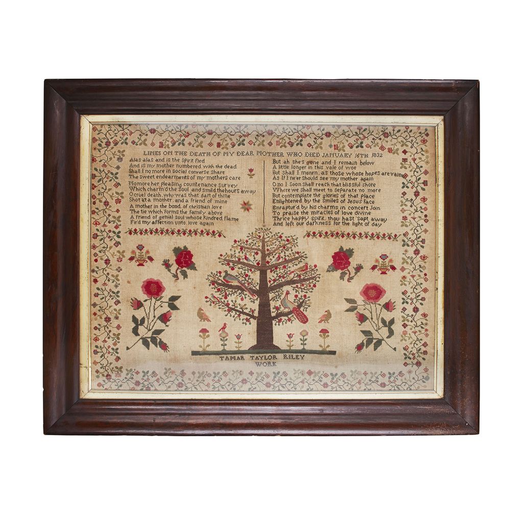 Appraisal: LARGE ENGLISH NEEDLEWORK MEMORIAL SAMPLER CIRCA worked in silk on