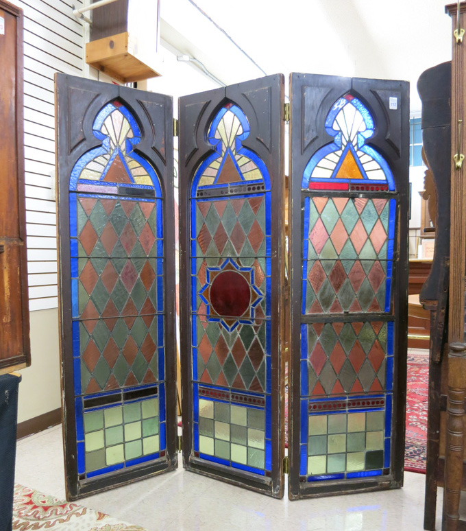 Appraisal: THREE-PANEL STAINED AND LEADED GLASS PANEL FLOOR SCREEN each panel