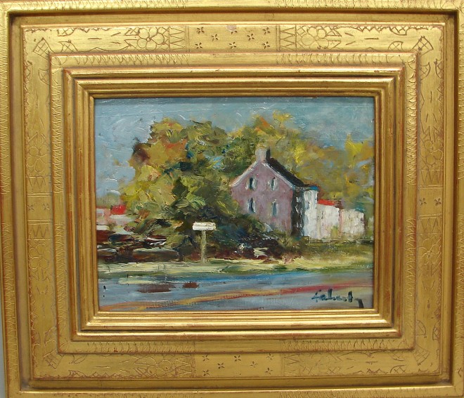 Appraisal: Evelyn Faherty Landscape with house oil on masonite x SLR