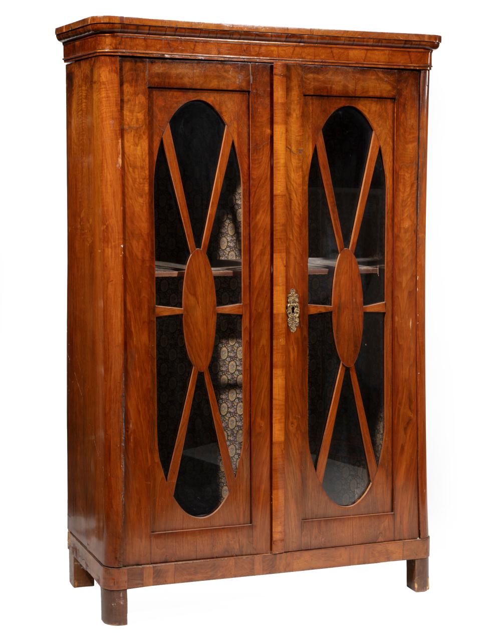 Appraisal: Antique Biedermeier-Style Burlwood Vitrine rounded cornice and corners oval segmented