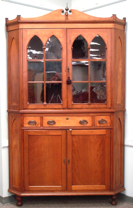 Appraisal: pc cherry figured maple corner cupboard top with scrolled pediment