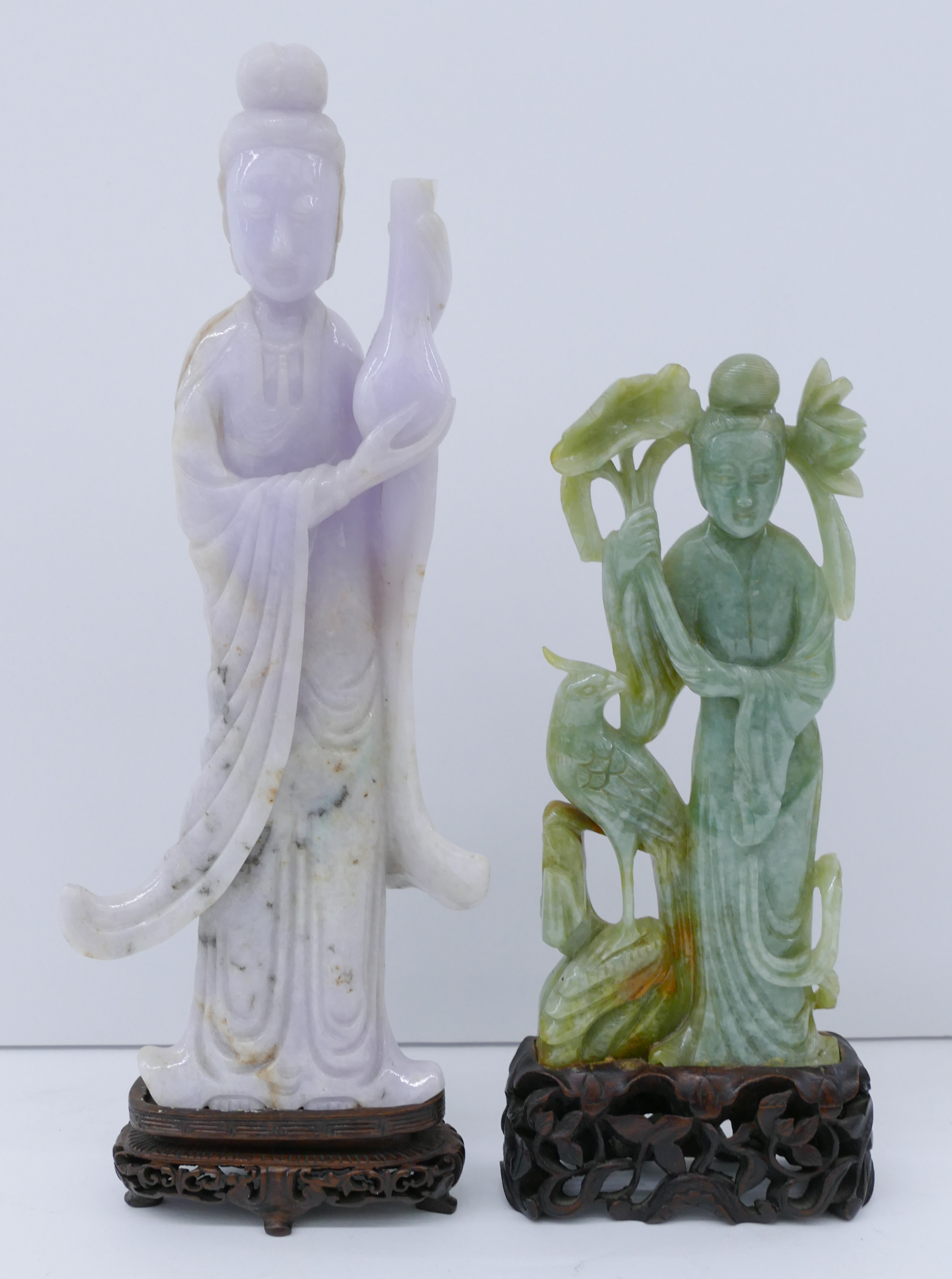 Appraisal: pc Chinese Qing Jade Guanyin Figures on Stands '' and