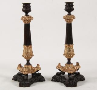 Appraisal: PAIR OF CHARLES X DORE BRONZE ACCENTED CANDLESTICK ON TAPERD