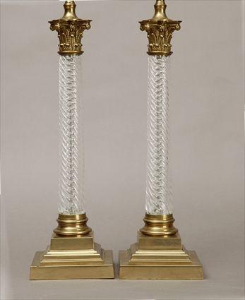 Appraisal: Pair of Brass-Mounted Molded Glass Column-Form Table Lamps in