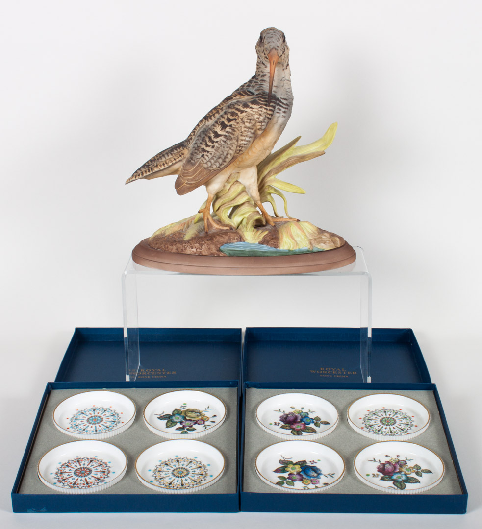 Appraisal: Boehm woodcock and eight Royal Worcester coasters Boehm painted bisque