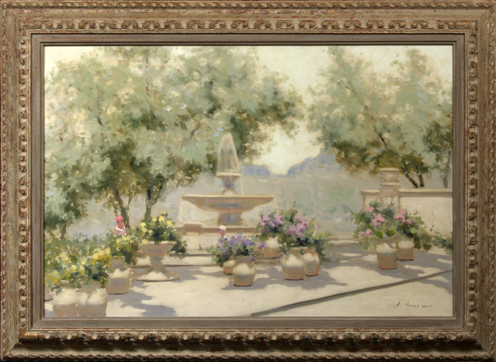 Appraisal: Andre Gisson French b Sunlit View of a Garden Fountain