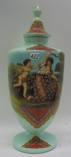 Appraisal: AN ENGLISH BRISTOL GLASS URN having a hand painted scene