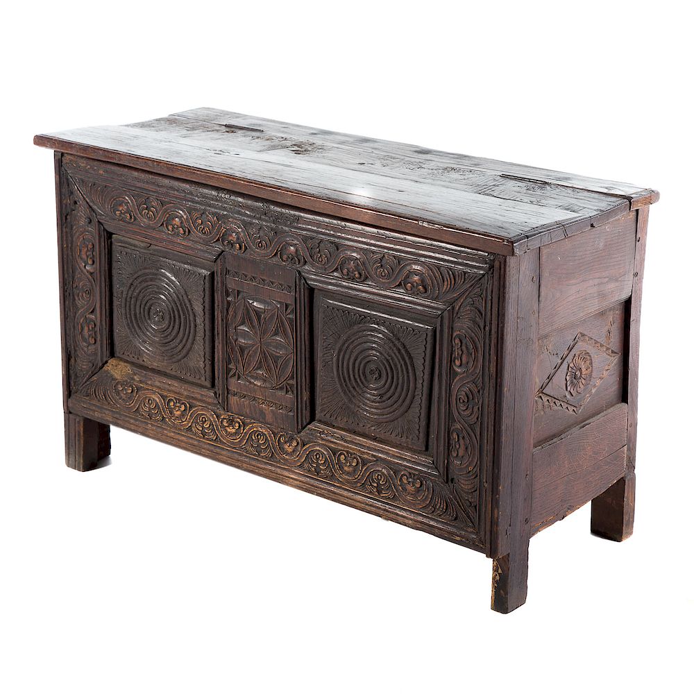 Appraisal: Jacobean Carved Oak Trunk th century and later flat hinged