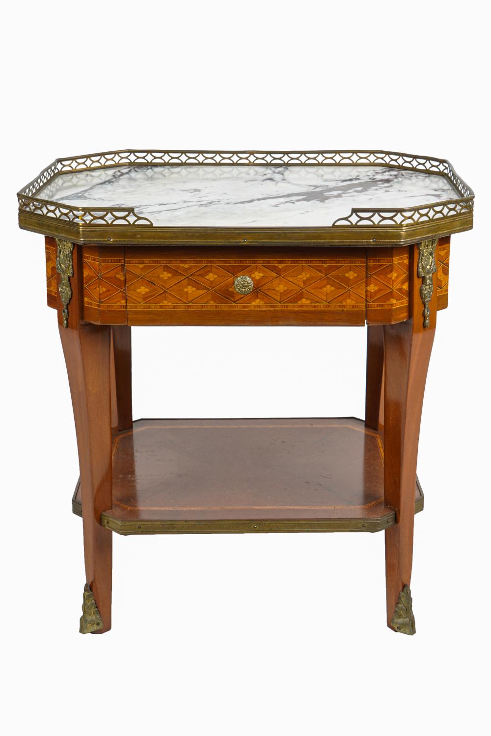 Appraisal: GILT METAL-MOUNTED MARBLE-TOP END TABLElate th century with marquetry frieze