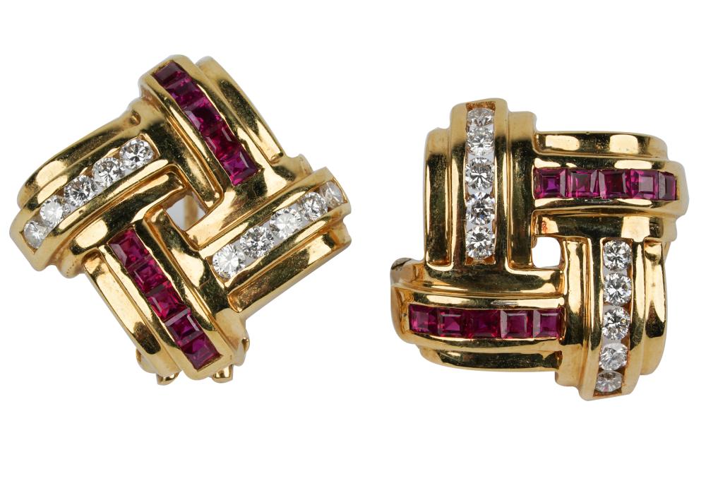 Appraisal: PAIR OF KARAT YELLOW GOLD RUBY DIAMOND EARRINGScontaining square and