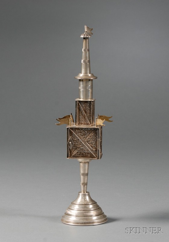 Appraisal: German Silver and Silver Filigree Tower-form Spice Container Berlin late