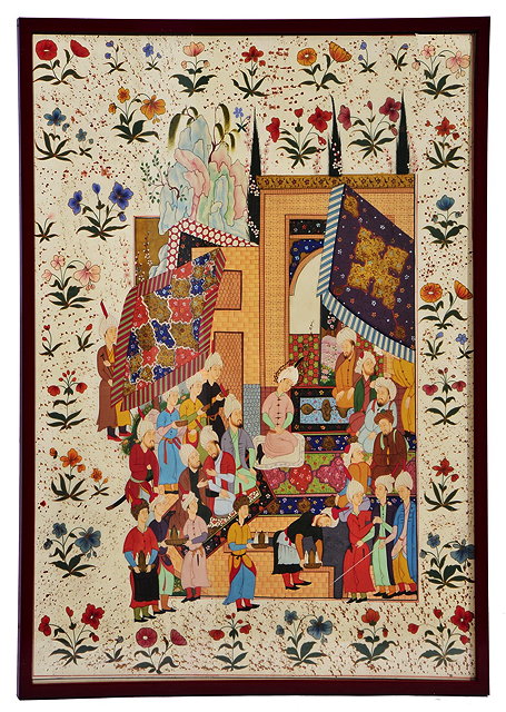 Appraisal: AN INDIAN MUGHAL STYLE GOUACHE on fabric in a red