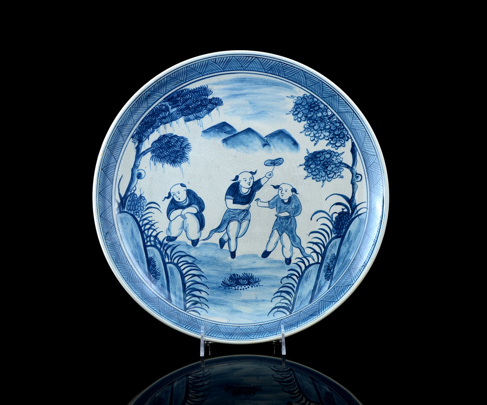 Appraisal: CHINESE CANTON BLUE WHITE CHARGER Outdoor genre scene with figures