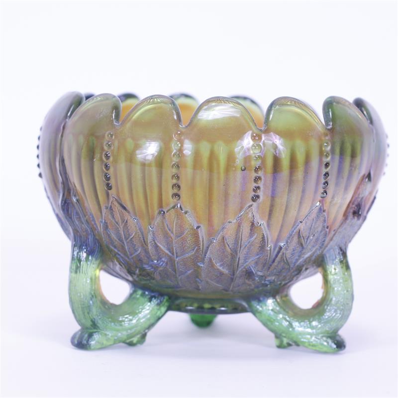 Appraisal: Northwood Glass Green Rosebowl Carnival Glass in Leaf Beads with