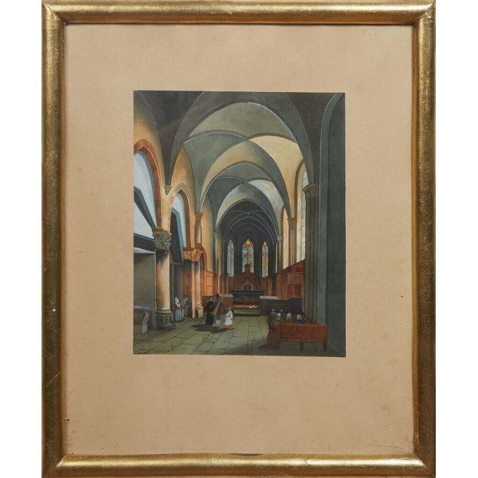 Appraisal: F Fauze de Monginot French Church Interior watercolor on paper