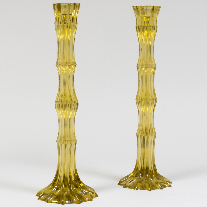 Appraisal: Pair of Yellow Glass Tall Candlesticks Unmarked x in diam