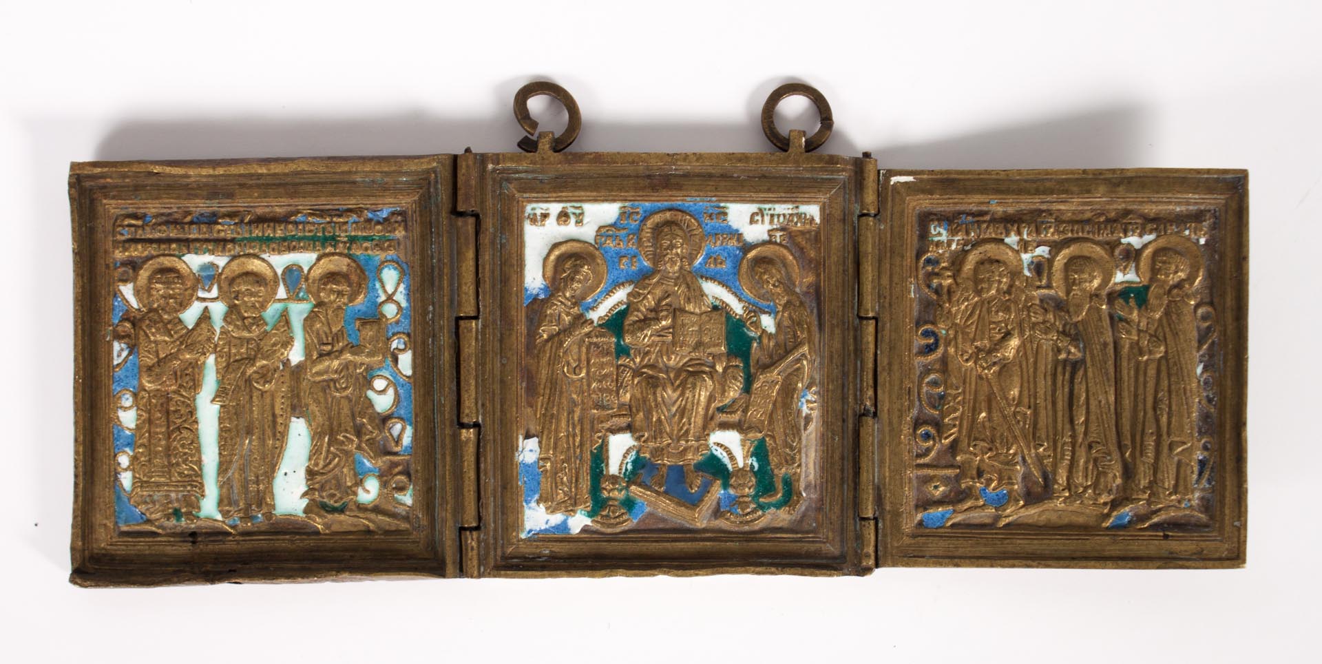 Appraisal: Russian traveling brass and enamel triptych th century three folding