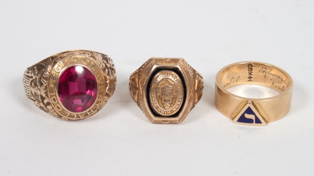 Appraisal: Three gold rings Baltimore interest comprising K gentleman's Calvert Hall