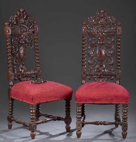 Appraisal: Pair of th c Jacobean Revival Side Chairs Oak Ornate