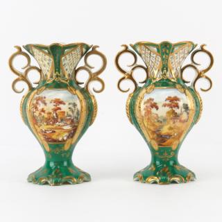 Appraisal: Pair Hand Painted Continental Reticulated Porcelain Vases Pair Hand Painted