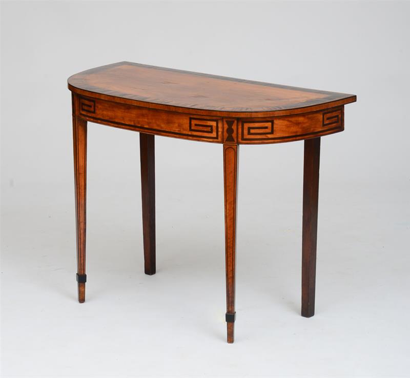 Appraisal: REGENCY CALAMANDER INLAID MAHOGANY AND EBONY D-SHAPED CONSOLE The D-shaped