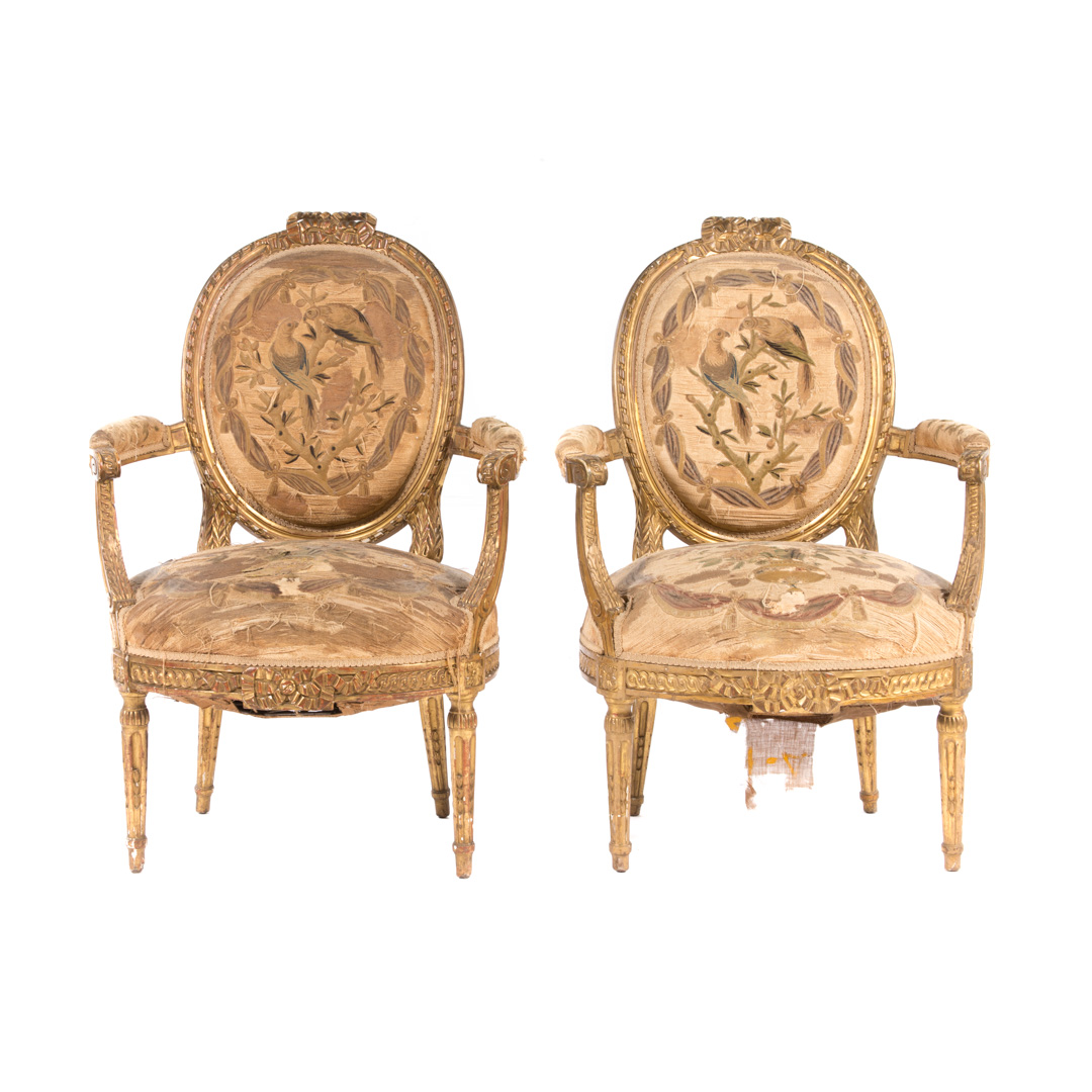 Appraisal: Pair Louis XVI carved giltwood fauteuils circa exposed carved frames