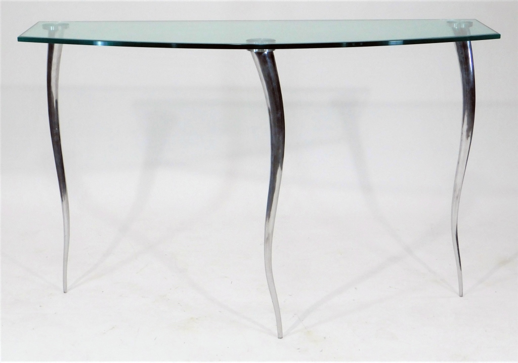 Appraisal: MCM GLASS AND POLISHED ALUMINUM CONSOLE TABLE United States th