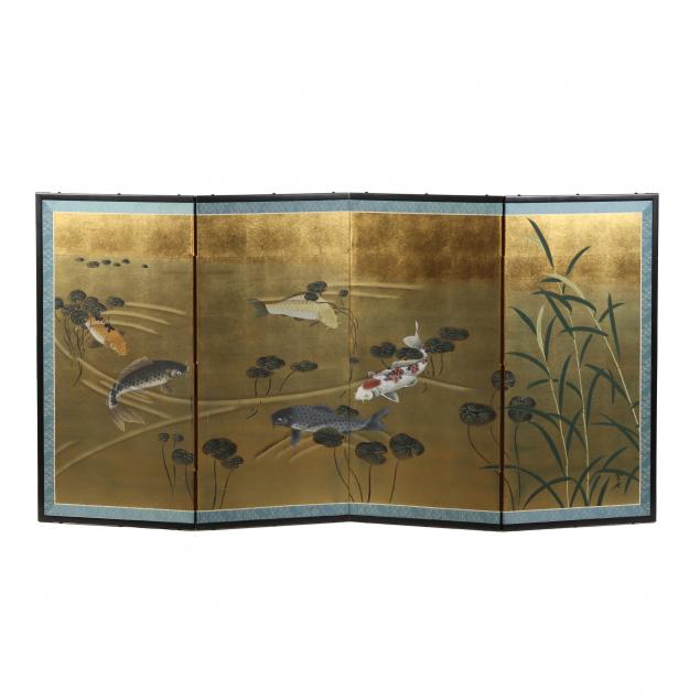 Appraisal: A JAPANESE FOUR PANEL SCREEN WITH KOI FISH Mid- th