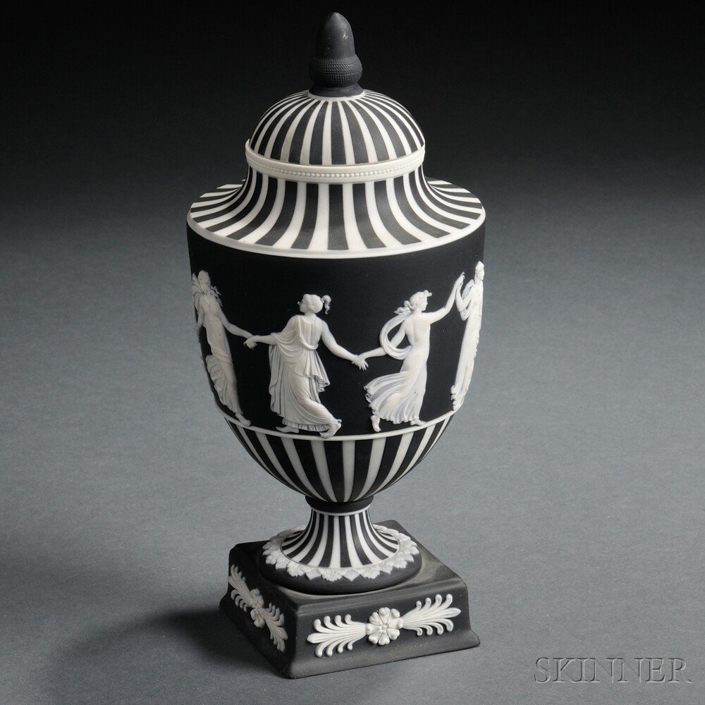 Appraisal: Wedgwood Black Jasper Dip Vase and Cover England c applied