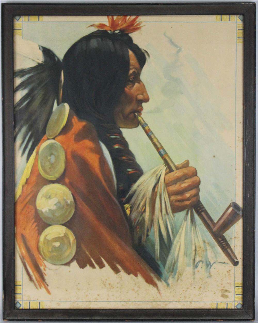 Appraisal: TH CENTURY NATIVE AMERICAN SMOKING A PIPE Chromolithograph X in