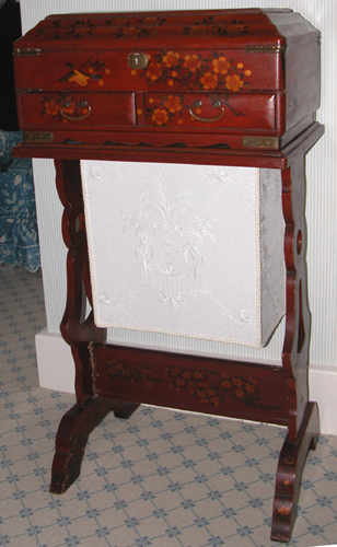 Appraisal: Chinese Lacquer Decorated Sewing Table with Fitted Interior and Silk