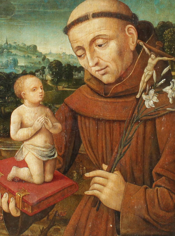 Appraisal: EARLY PAINTING OF ST ANTHONY OF PADUA Oil Chamfered Wood