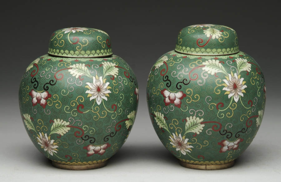 Appraisal: PAIR OF COVERED CLOISONN GINGER JARS Green ground in typical