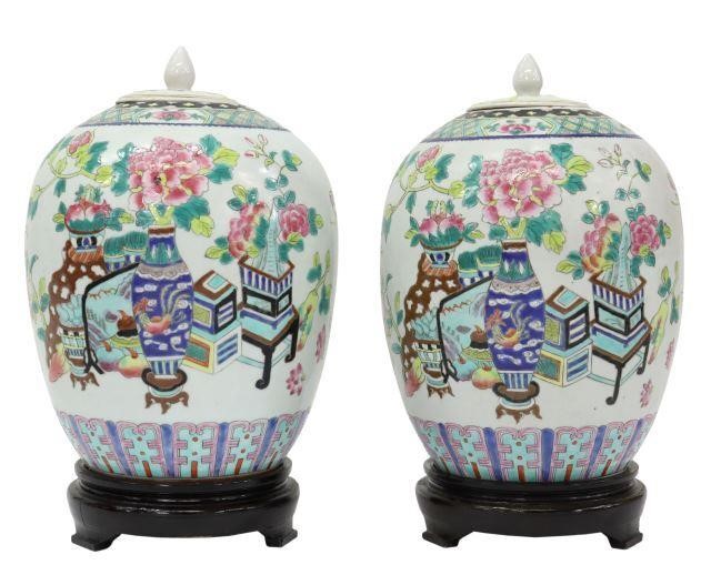 Appraisal: pair Chinese famille rose porcelain lidded melon jars having floral