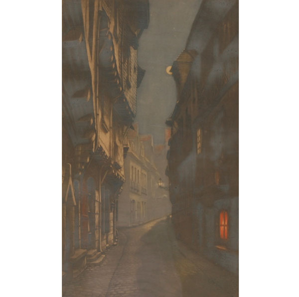 Appraisal: European city cobblestone street scene in moonlight hand touched color