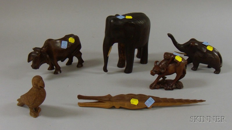 Appraisal: Six Wooden Animal and Bird Figures two elephants two oxen