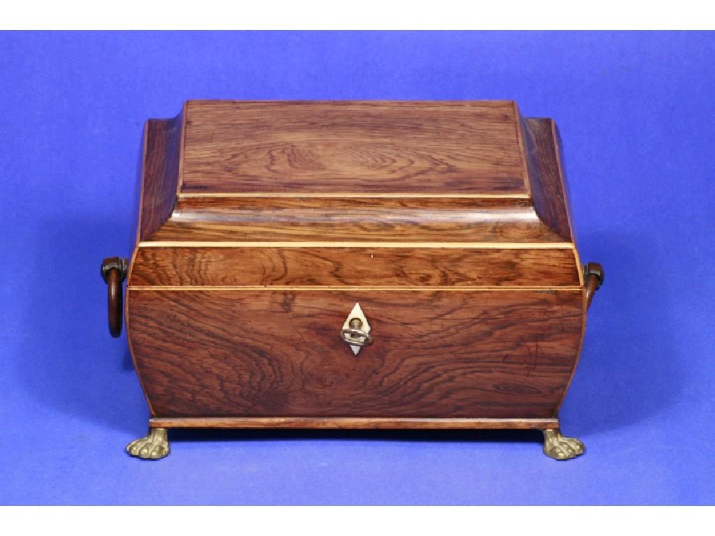 Appraisal: A REGENCY ROSEWOOD AND SATINWOOD STRUNG WORKBOX the rectangular top