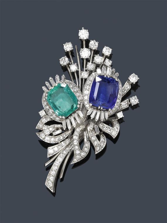 Appraisal: EMERALD SAPPHIRE AND DIAMOND BROOCH ca White gold Elegant brooch