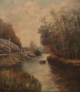 Appraisal: thc School Landscape with Stream Oil on artist board Signed