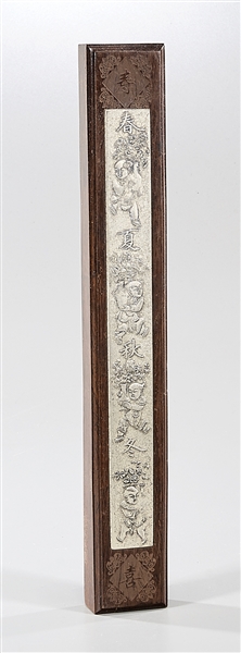 Appraisal: Chinese wood and silver scroll weight depicting children and characters