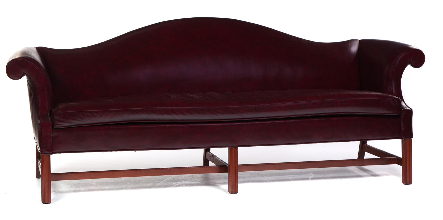 Appraisal: AMERICAN CHIPPENDALE-STYLE LEATHER SOFA Late th century Camelback sofa with