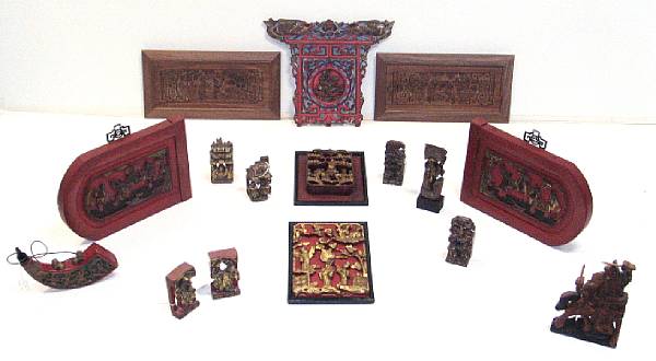 Appraisal: A group of sixteen Chinese polychrome lacquered wood architectural fragments